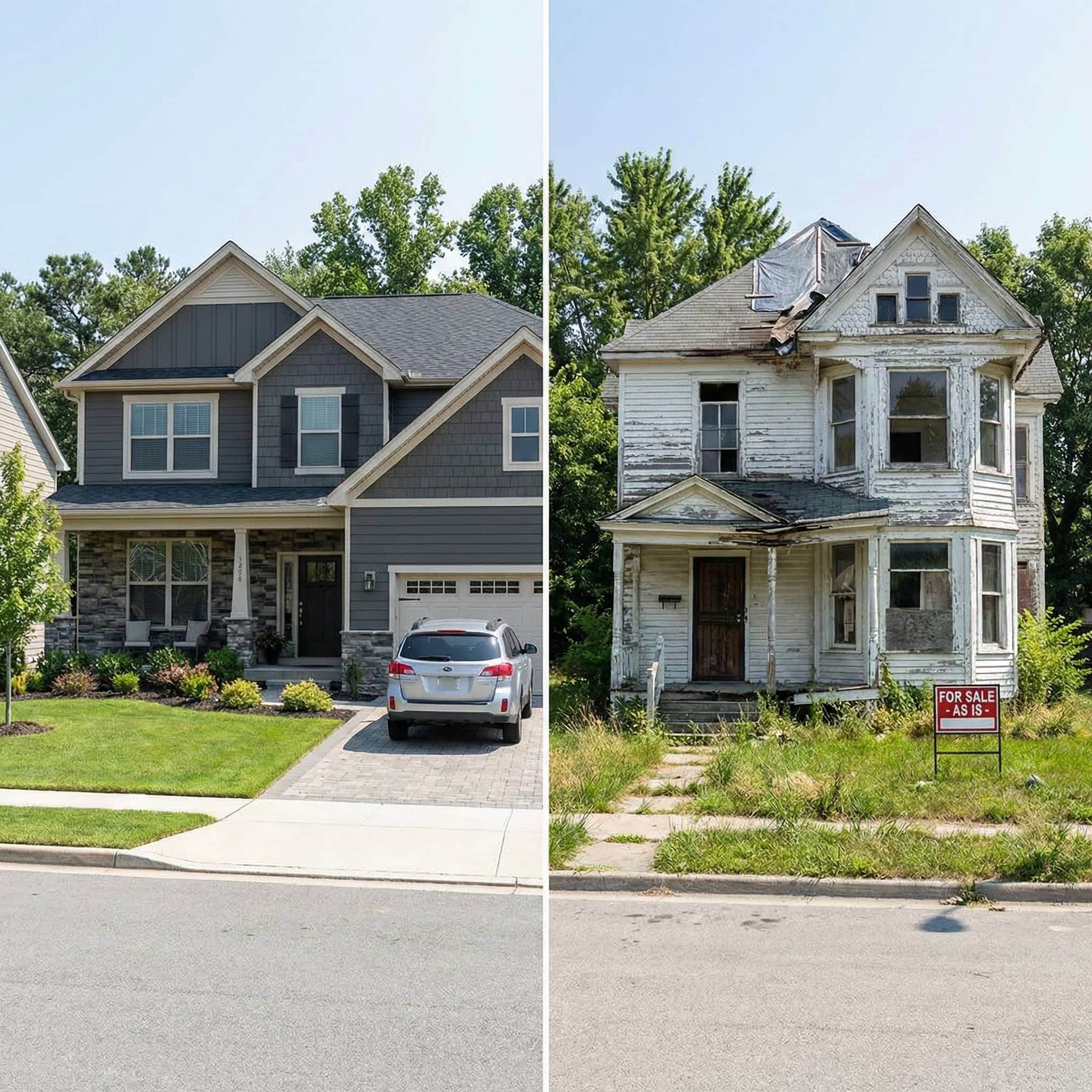 Comparison of modern home and distressed property showing we buy houses in any condition