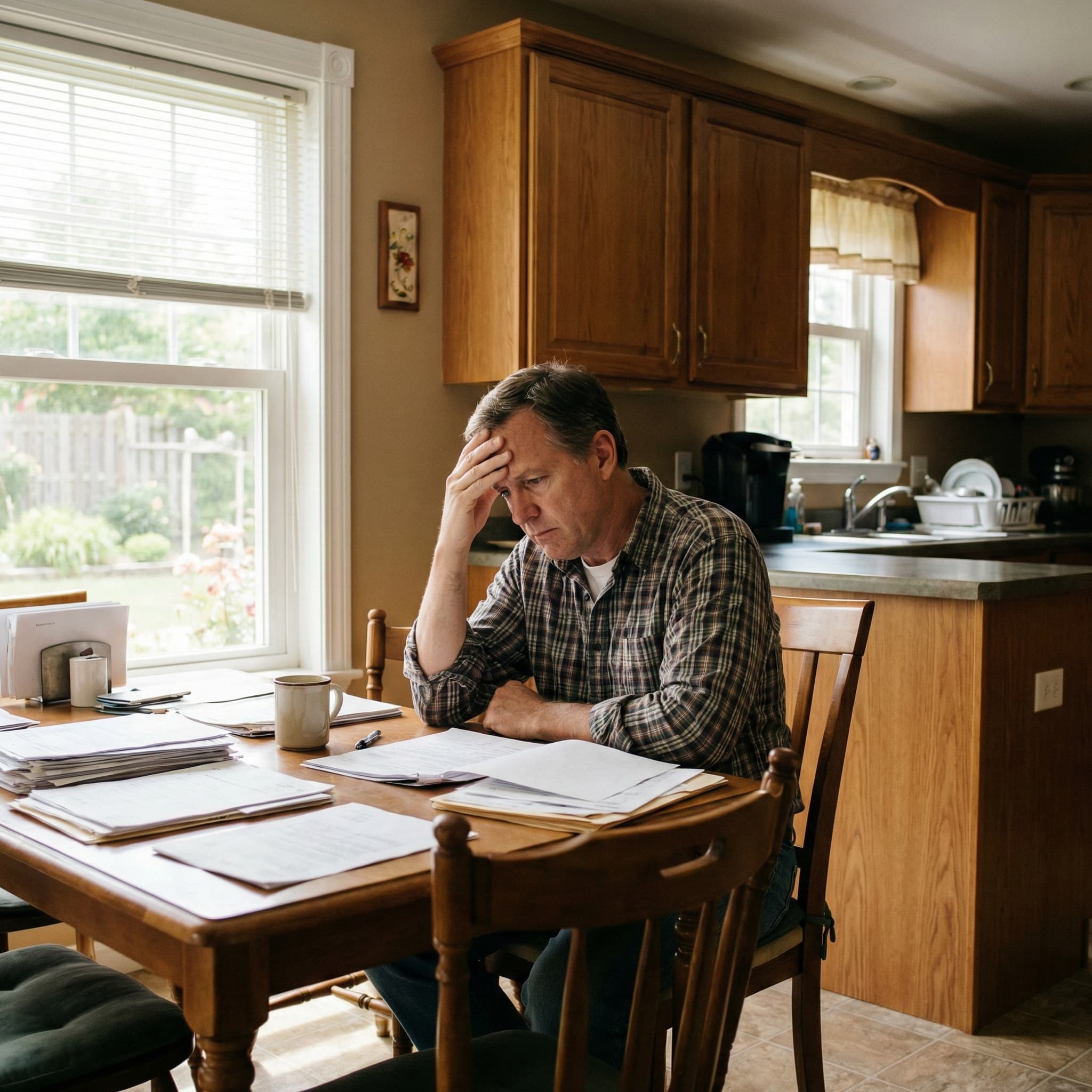 Homeowner reviewing paperwork during stressful property situation seeking cash home buyer solution