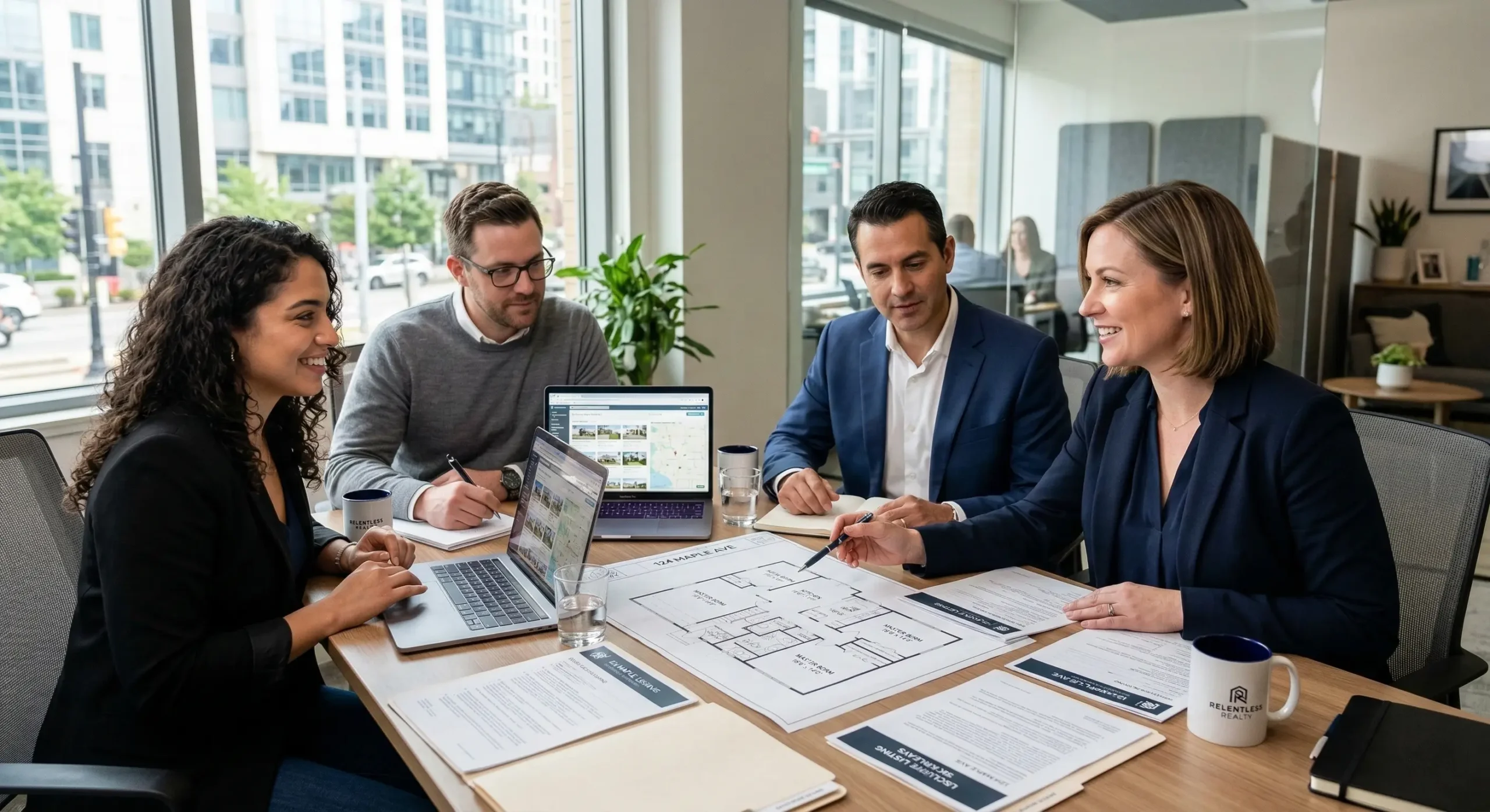 Real estate team discussing property solutions for homeowners